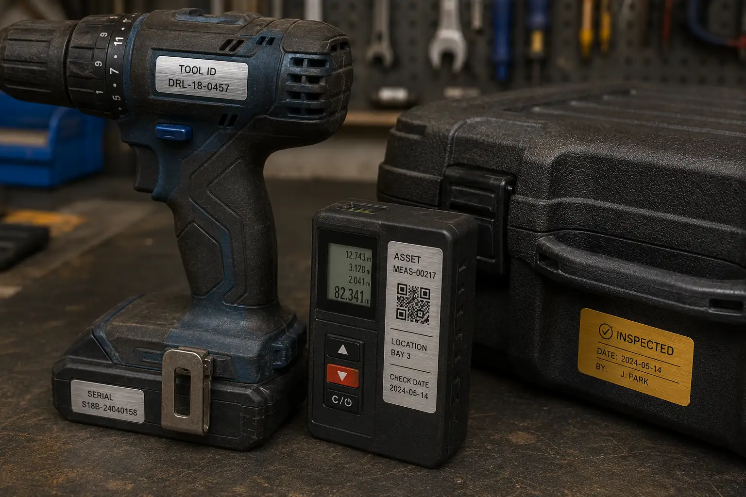 Metallic PET labels applied to cordless drill, measuring device, and hard tool case for tool ID, inspection, asset, and serial tracking.