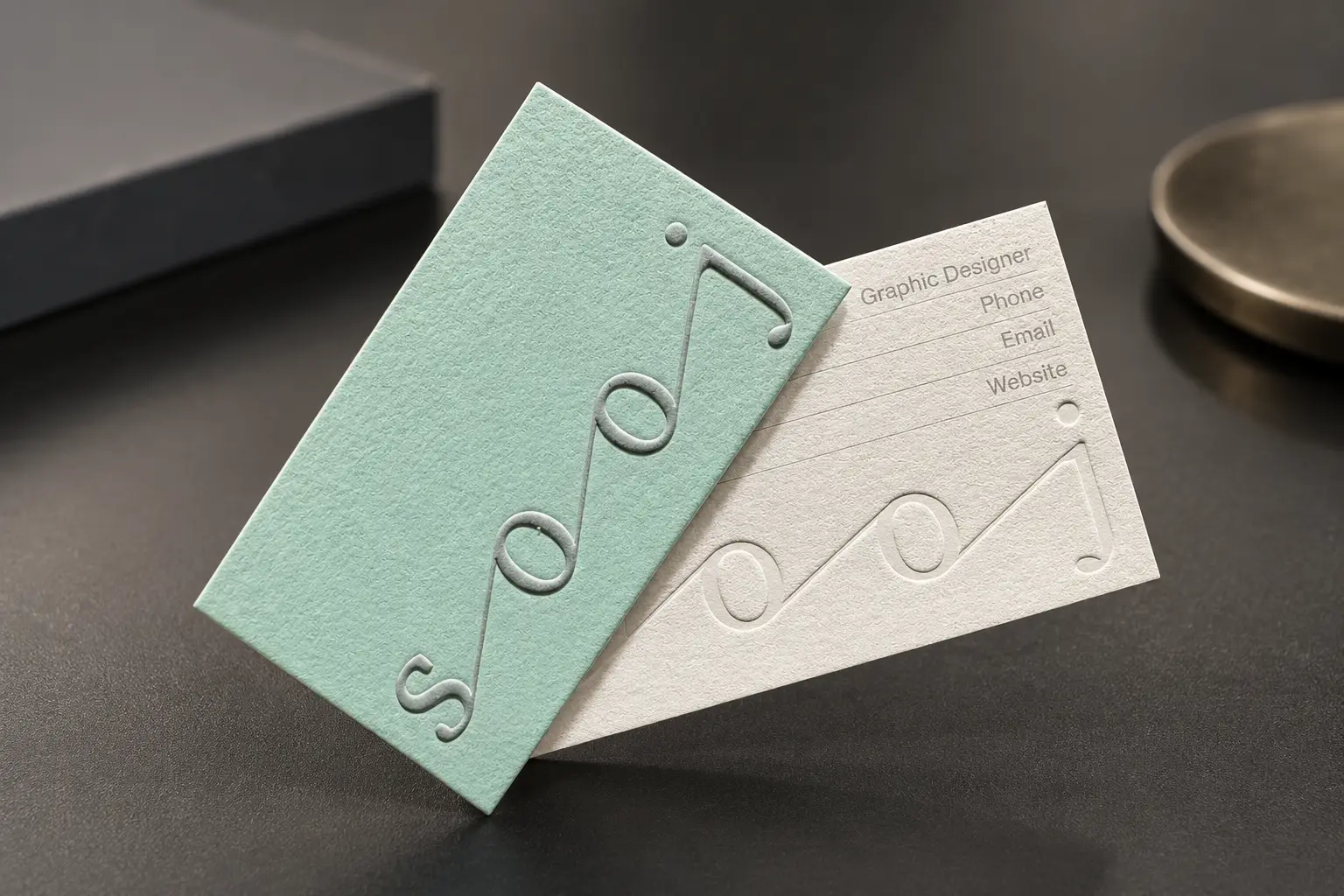 Mint green and white cotton business cards with blind embossed music note artwork and soft uncoated paper texture.