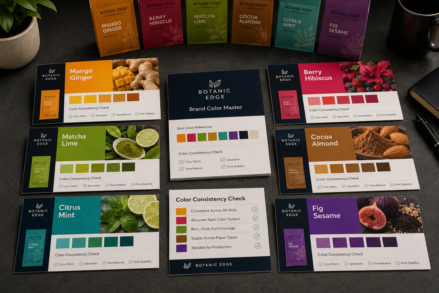 Printed multi-SKU brand color consistency sample cards for a fictional product line, showing a brand color master card, spot color references, vivid SKU color variations, product photo patches, and consistent paper card layouts.