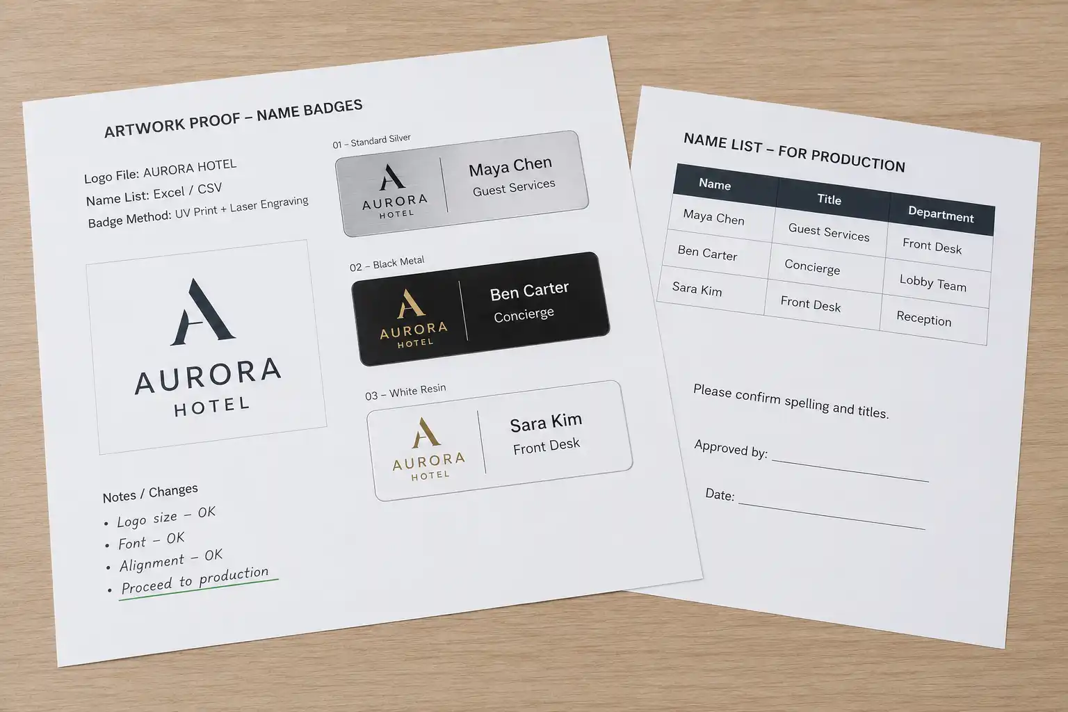 Artwork and staff name list prepared for a custom name badge quote.