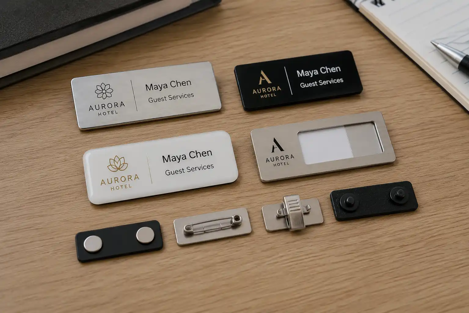 Name badge sample review with materials, finishes and backing options.