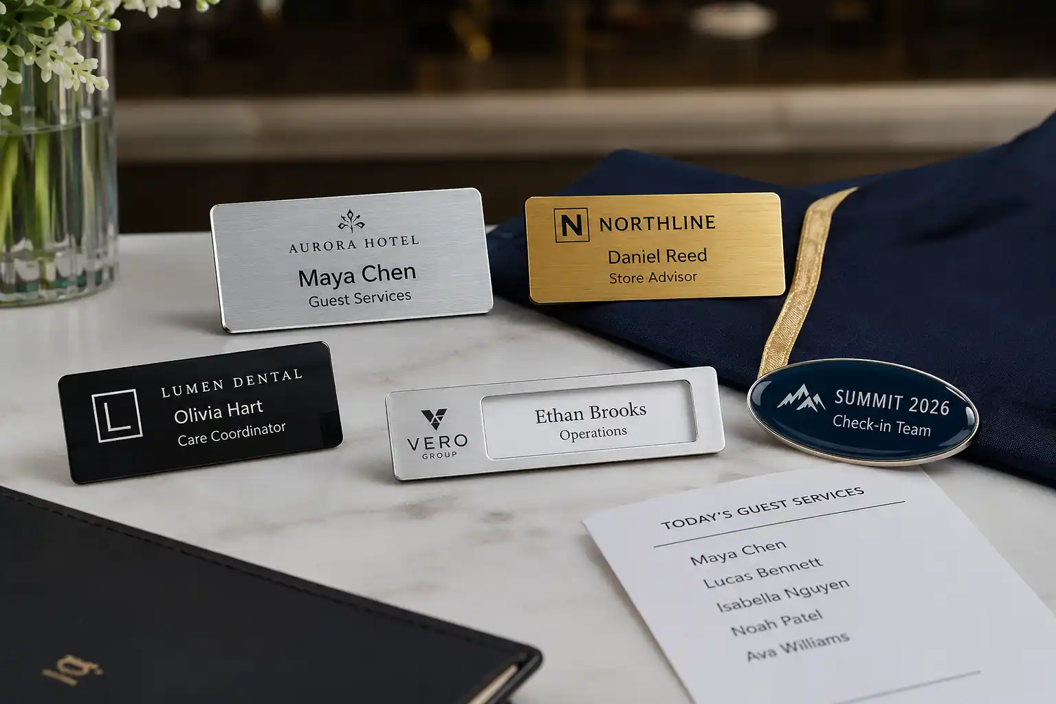 Custom name badge formats arranged for a team project review.