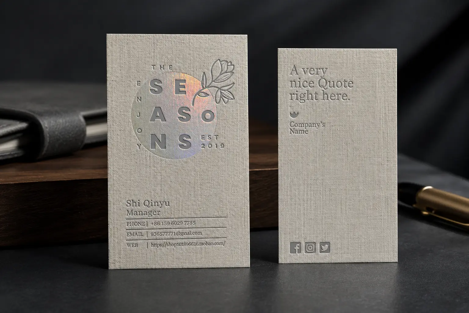 Light fine horizontal ribbed textured paper business card with visible one-direction paper lines