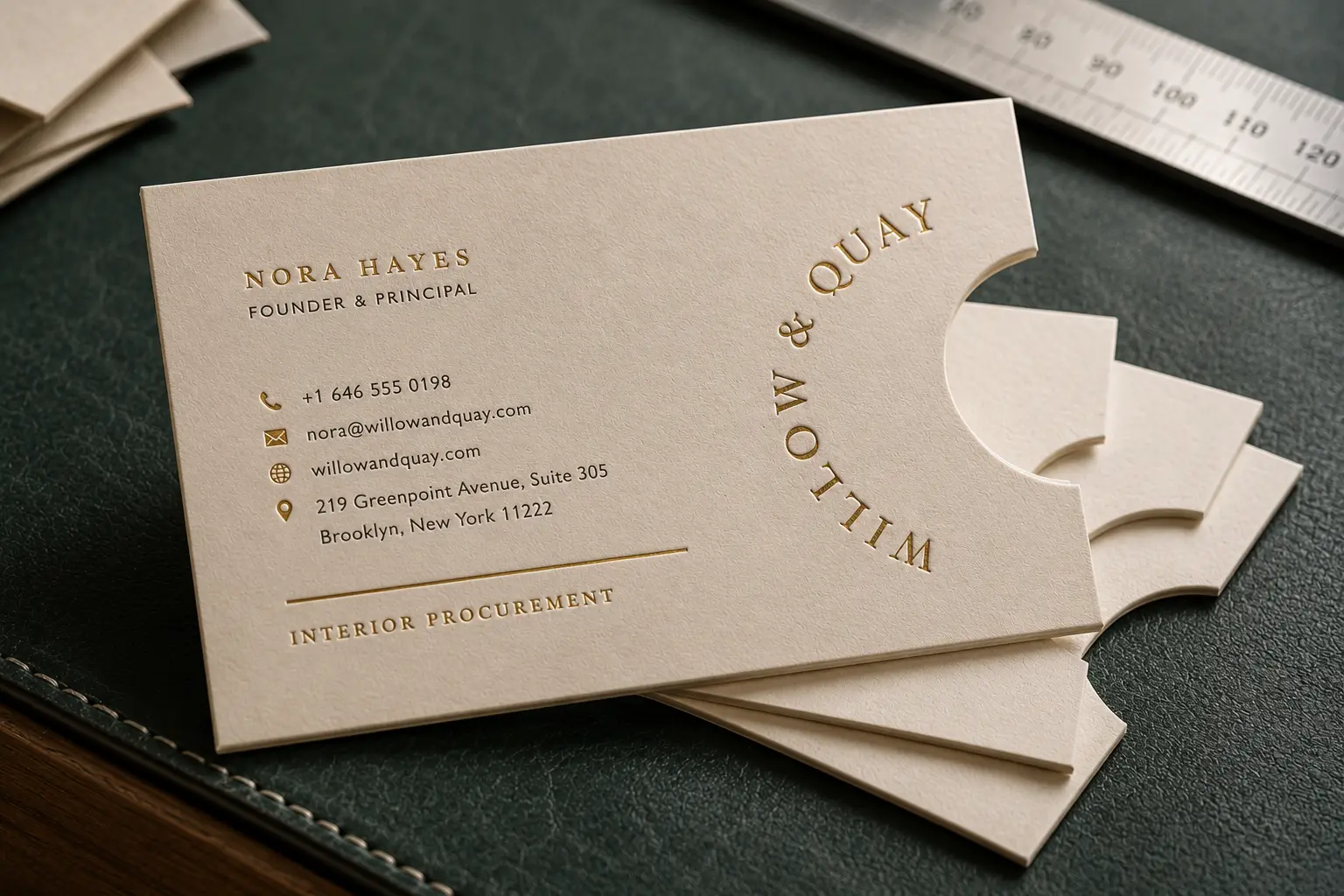 Natural light paper business card with gold foil typography and a clean die-cut notch detail.
