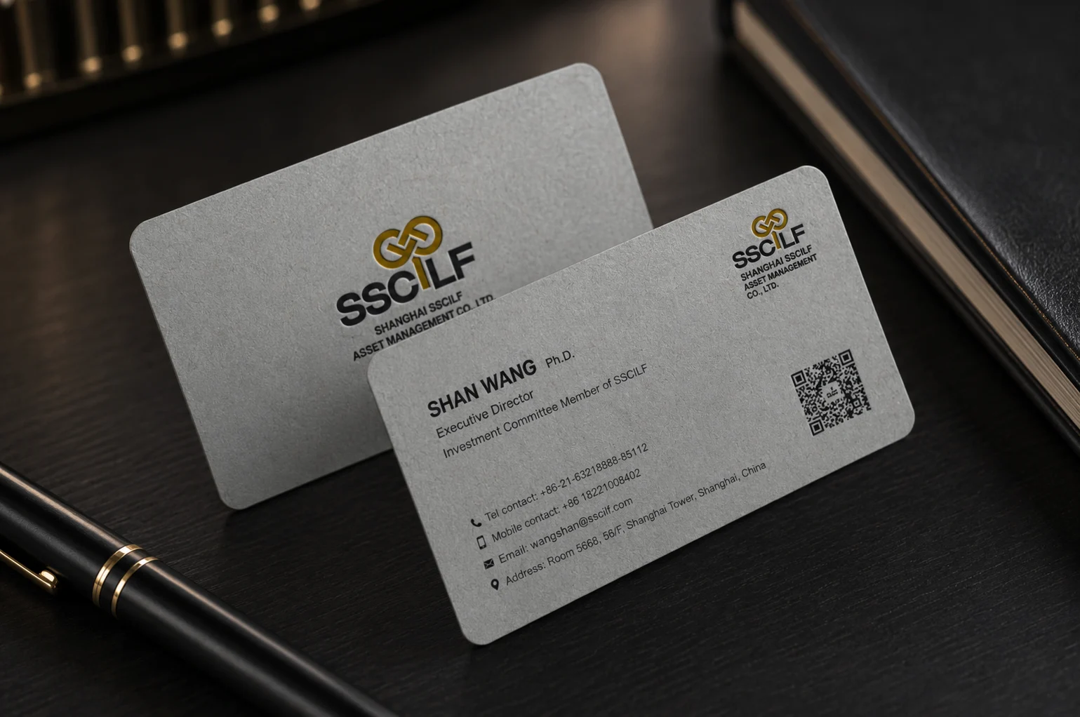 Natural white FSC-certified recycled paper business card with clean business layout and subtle paper texture