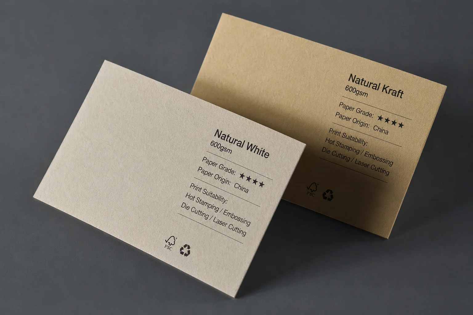 Natural white and kraft brown FSC-certified recycled paper business cards with simple brand layout