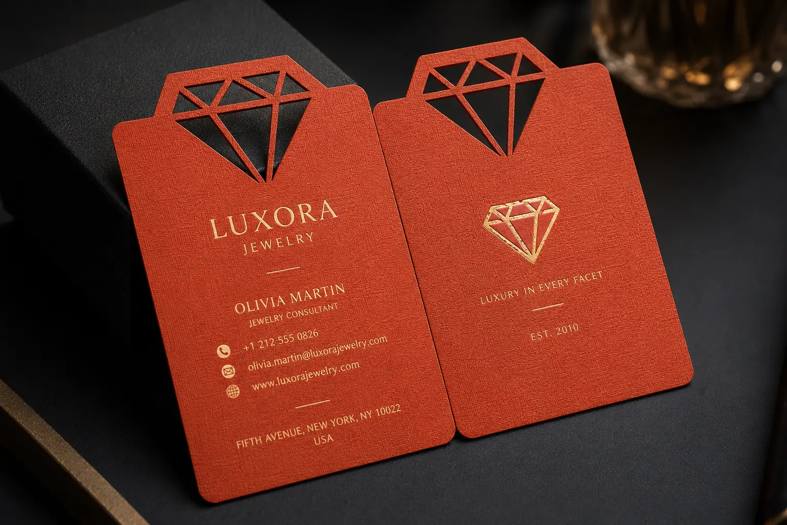 Orange red textured paper business cards with full coverage spot color printing and metallic logo detail
