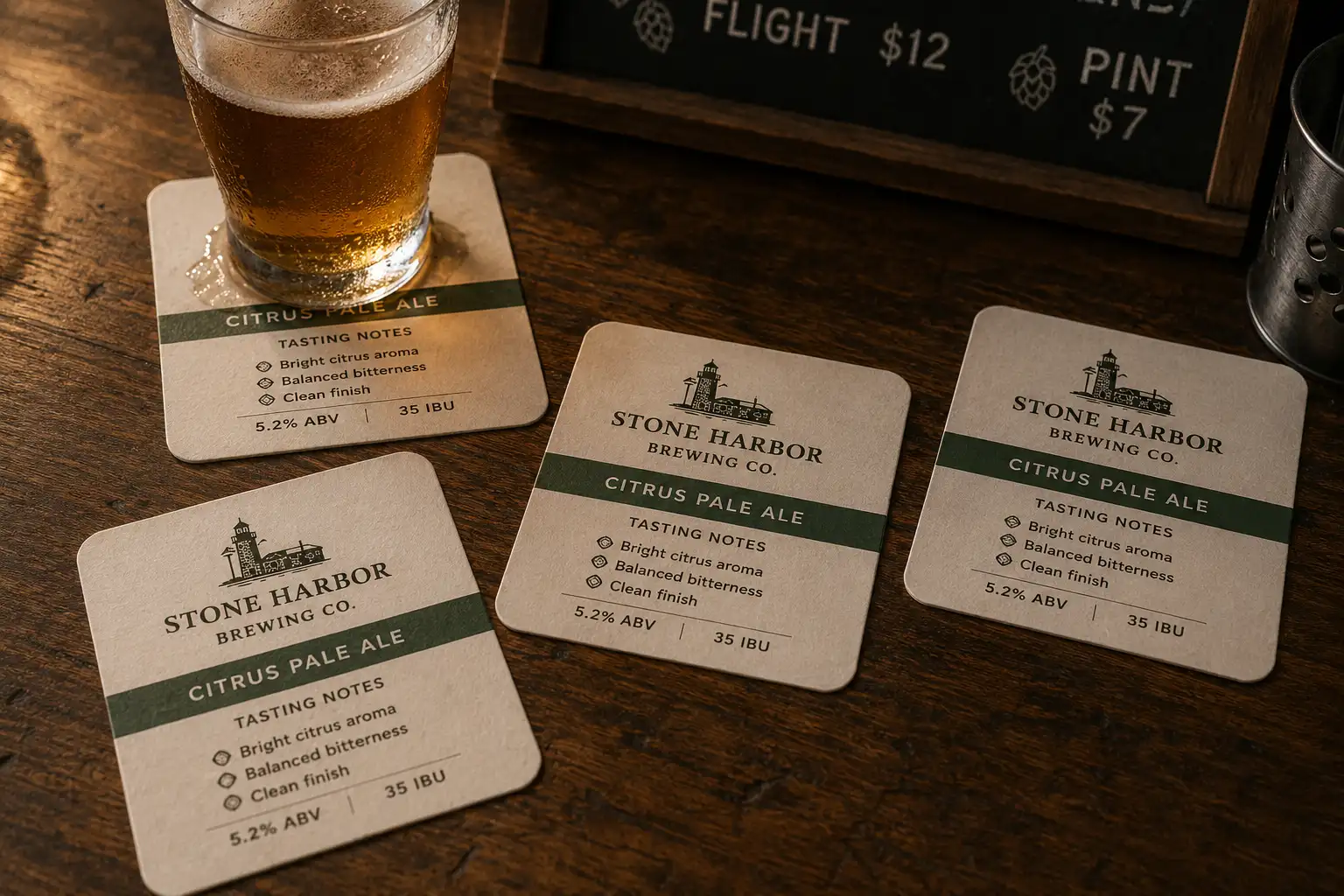 Custom printed absorbent paper brewery coasters with citrus pale ale tasting notes, beer glass, and warm tabletop setting.