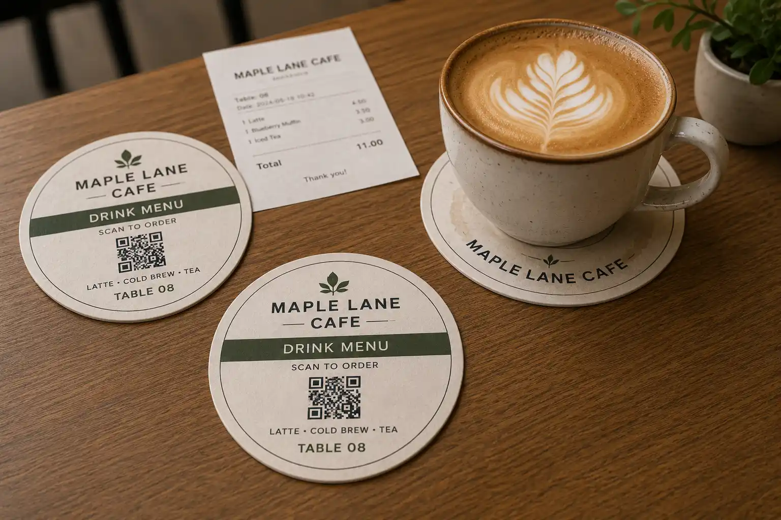 Custom printed absorbent paper cafe coasters with QR menu design, coffee cup, and table service setup.