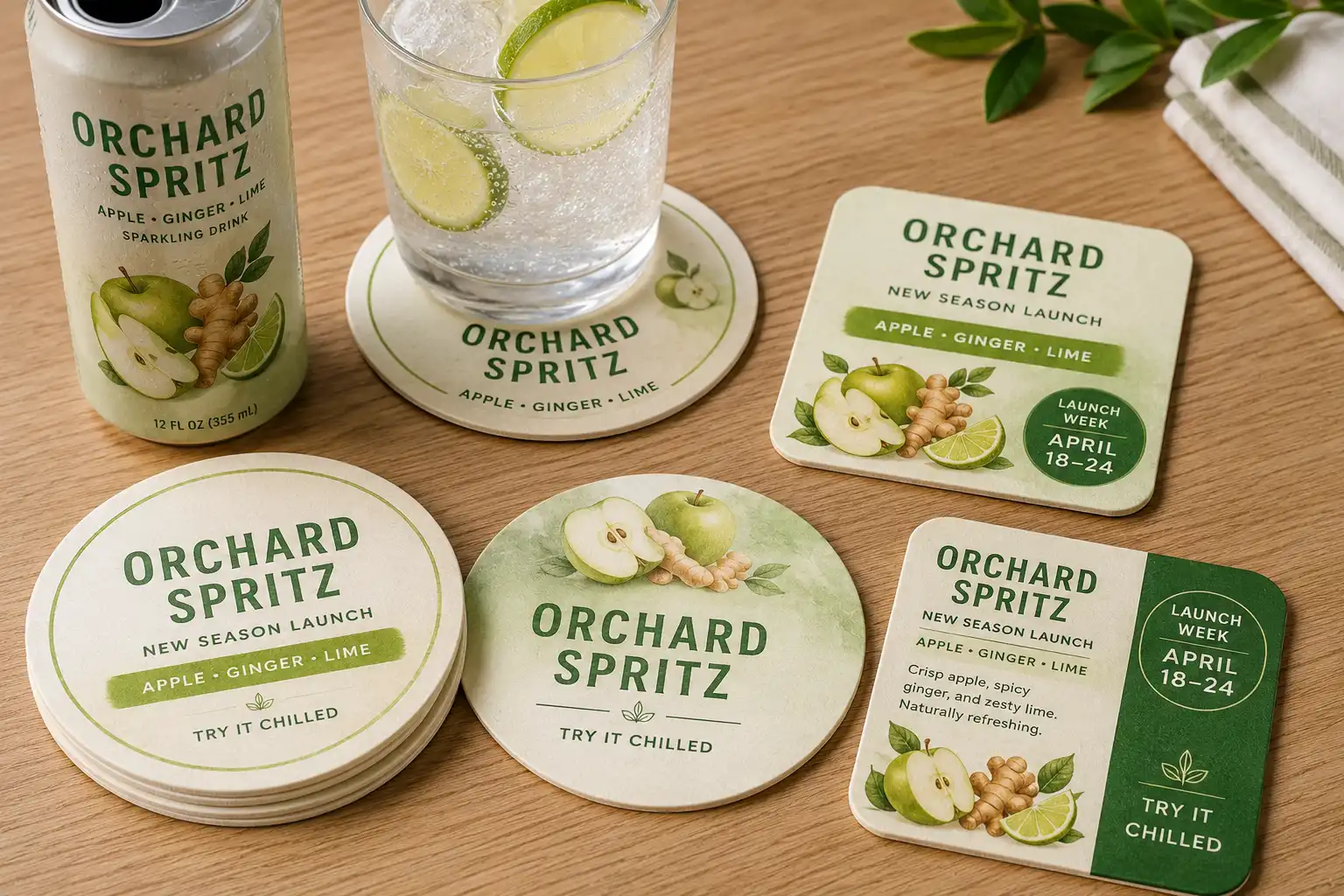Custom printed absorbent paper coasters for an Orchard Spritz beverage launch campaign with canned drink and glass.