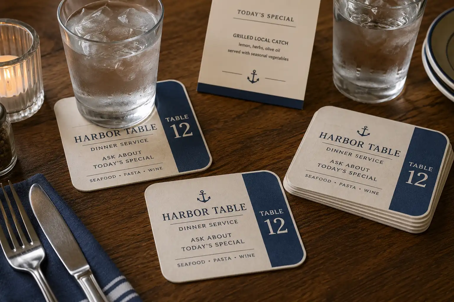 Custom printed paper coasters for restaurant table service with water glasses, menu card, and table number design.