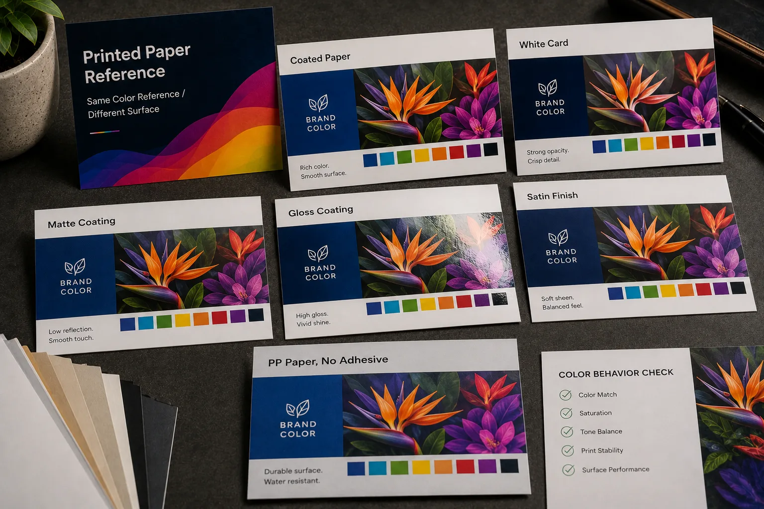 Printed paper and coating color behavior samples showing the same brand color reference on coated paper, white card, matte coating, gloss coating, gloss coating, and non-adhesive PP paper with vivid ink and real material edges.
