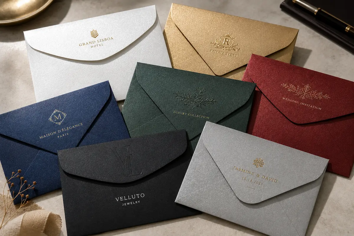 Pearlescent paper envelopes in Pure White, Luxury Gold, Royal Blue, Dark Green, Elegant Red, Sophisticated Black and Silver-Grey with foil and embossed details