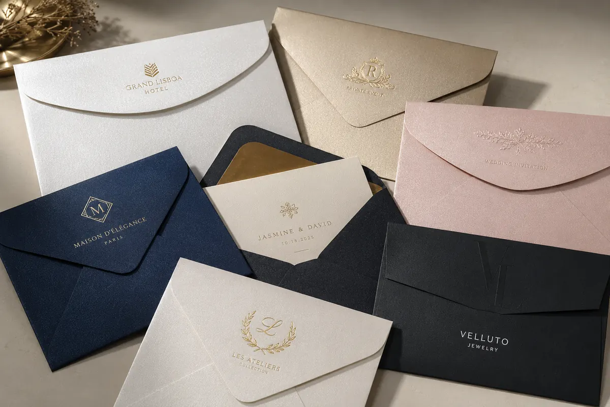 Luxury pearlescent paper envelopes in white, gold, navy, blush and black with foil stamping, debossing and invitation details