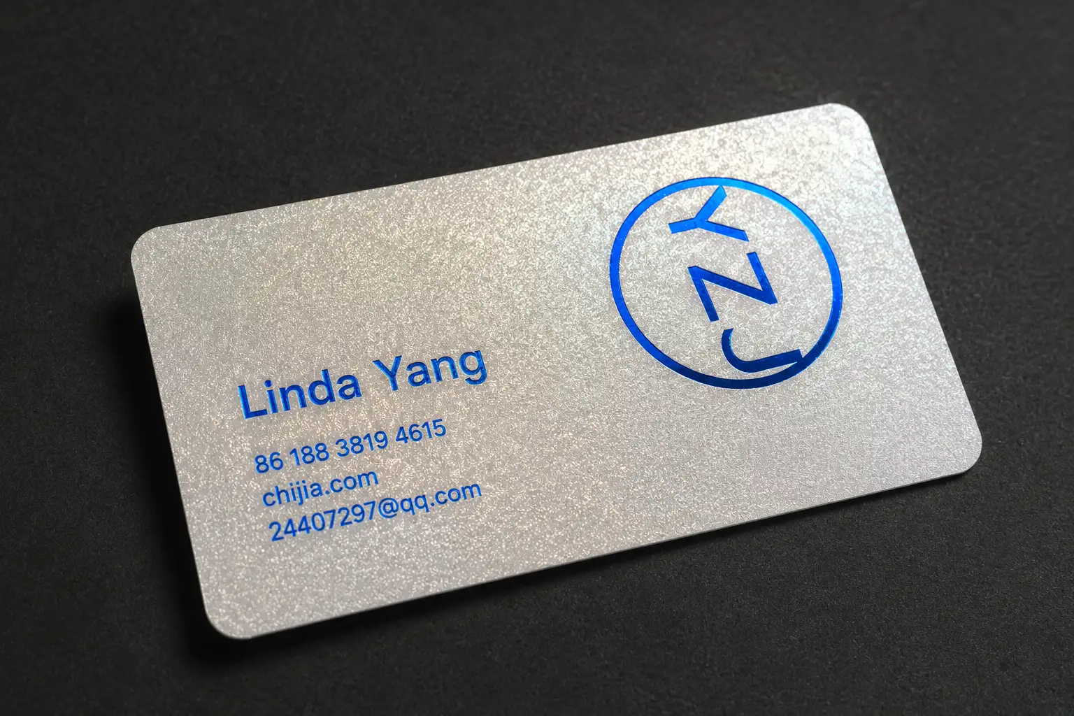 Silver pearlescent minimal business card with blue printed contact details