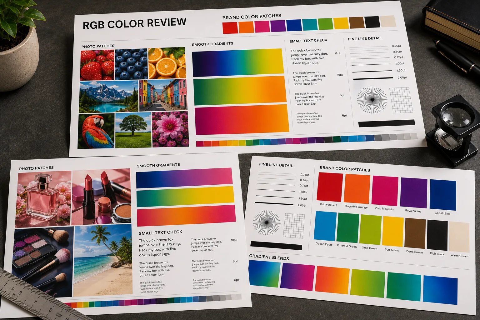 Printed photo, gradient, and detail test sheets for RGB wide gamut and brand color review, showing saturated photo patches, smooth gradients, small text checks, fine line details, brand color patches, and real printed paper.