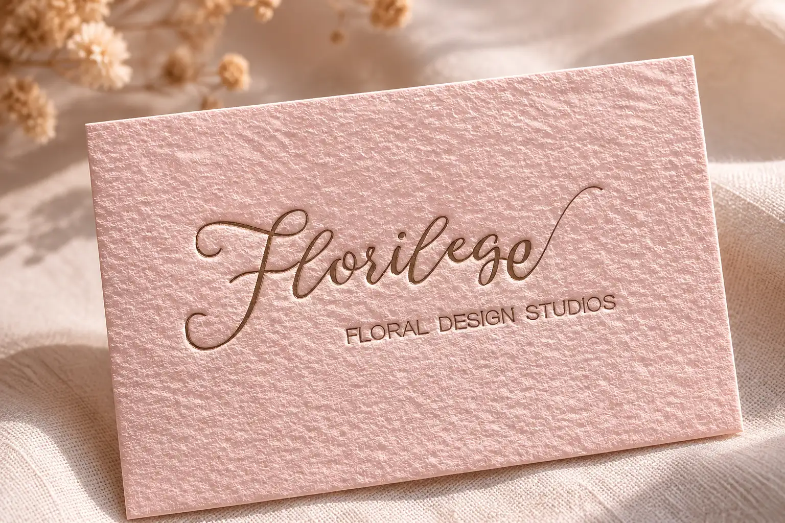 Pink textured paper business card with subtle debossed script logo for a floral design studio.