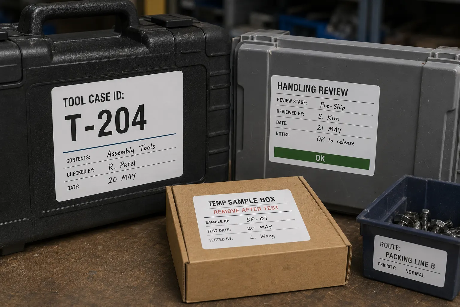 White PP synthetic labels on tool cases, storage cases, and sample boxes for temporary handling review, routing, and removable identification use