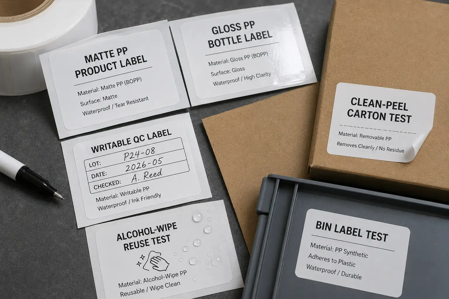 White PP and BOPP synthetic label sample review kit showing matte, gloss, writable, removable, and reusable label options on backing liner and test surfaces