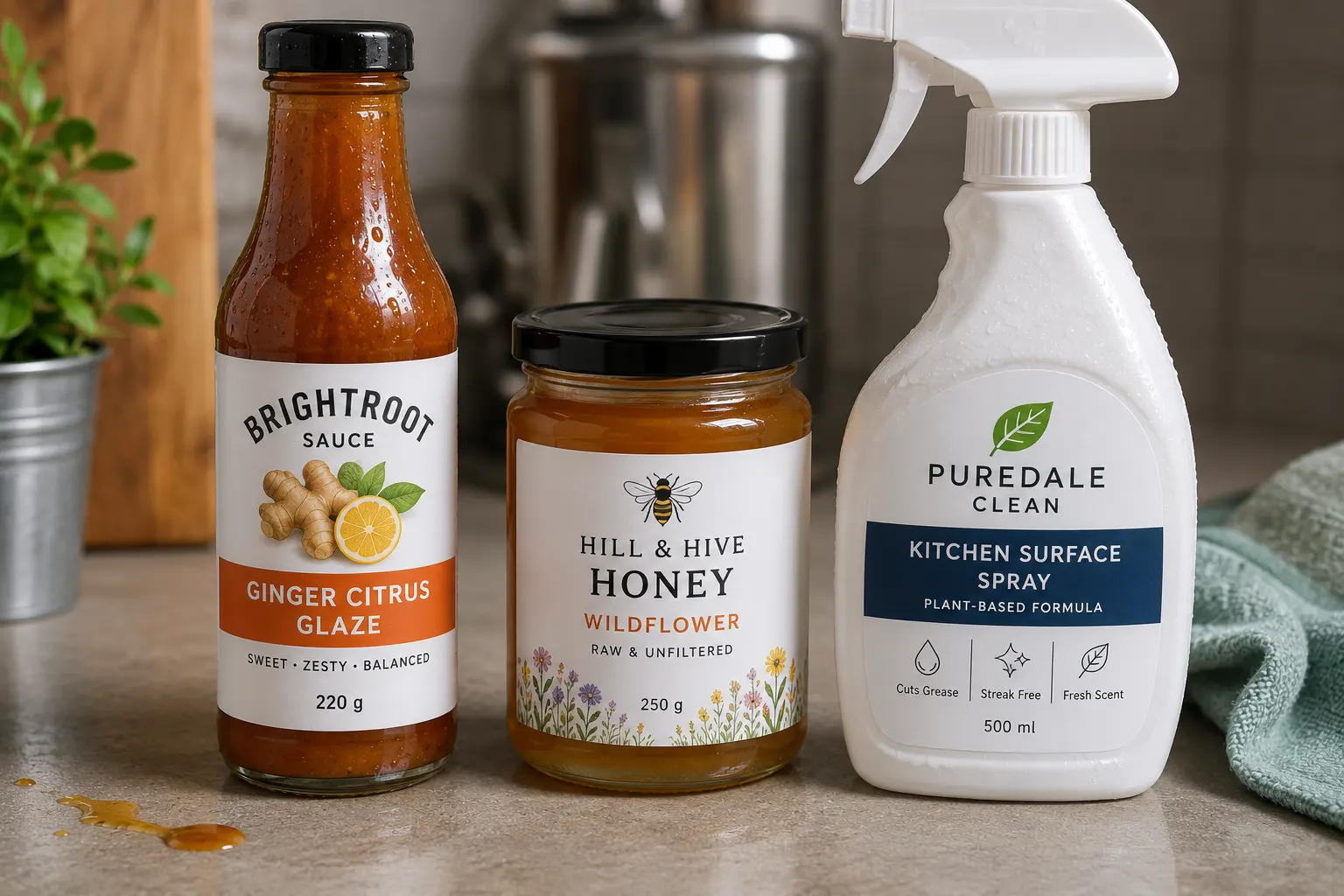 White PP synthetic labels applied to sauce bottles, honey jars, and household cleaning products with moisture-resistant custom packaging designs