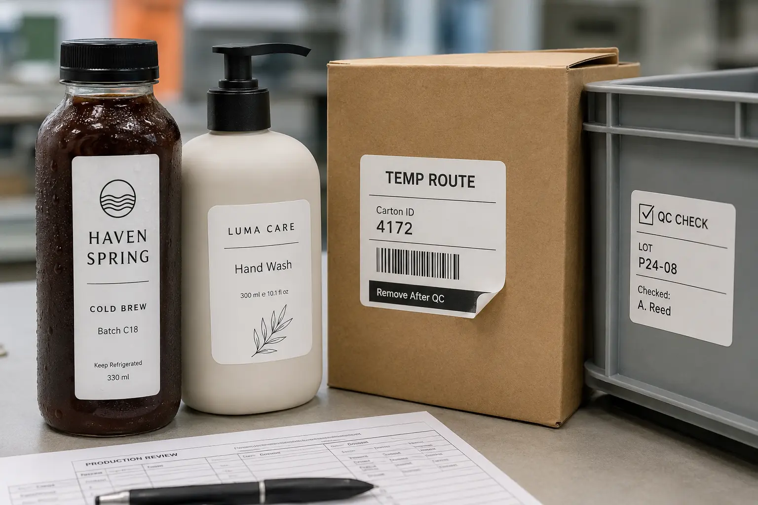 Custom white PP synthetic labels on beverage bottles, cosmetic packaging, cartons, and plastic bins for waterproof, removable, and workshop labeling use
