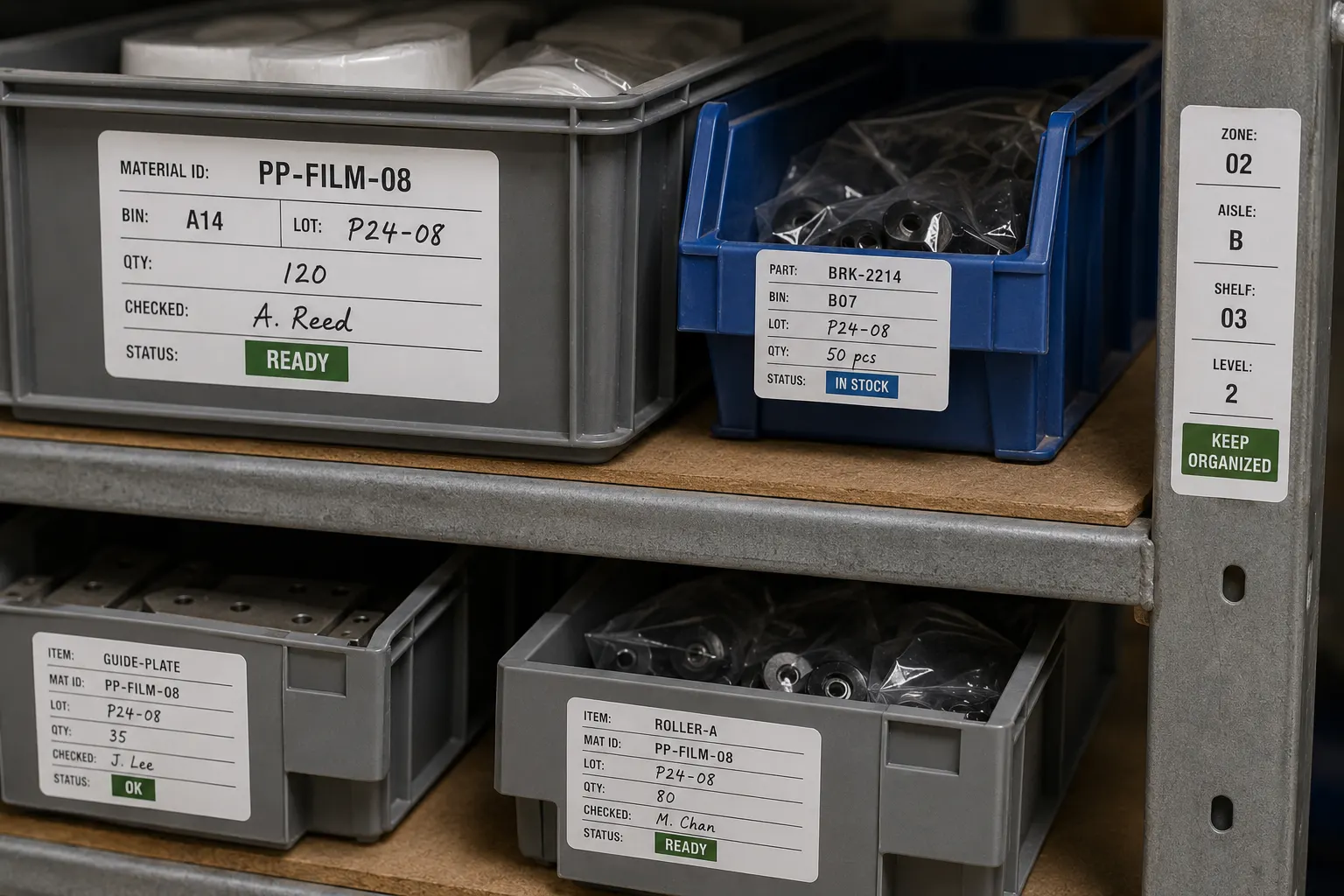 Custom white PP synthetic labels on workshop racks, plastic bins, and inventory trays with printed material ID, lot, quantity, and status fields