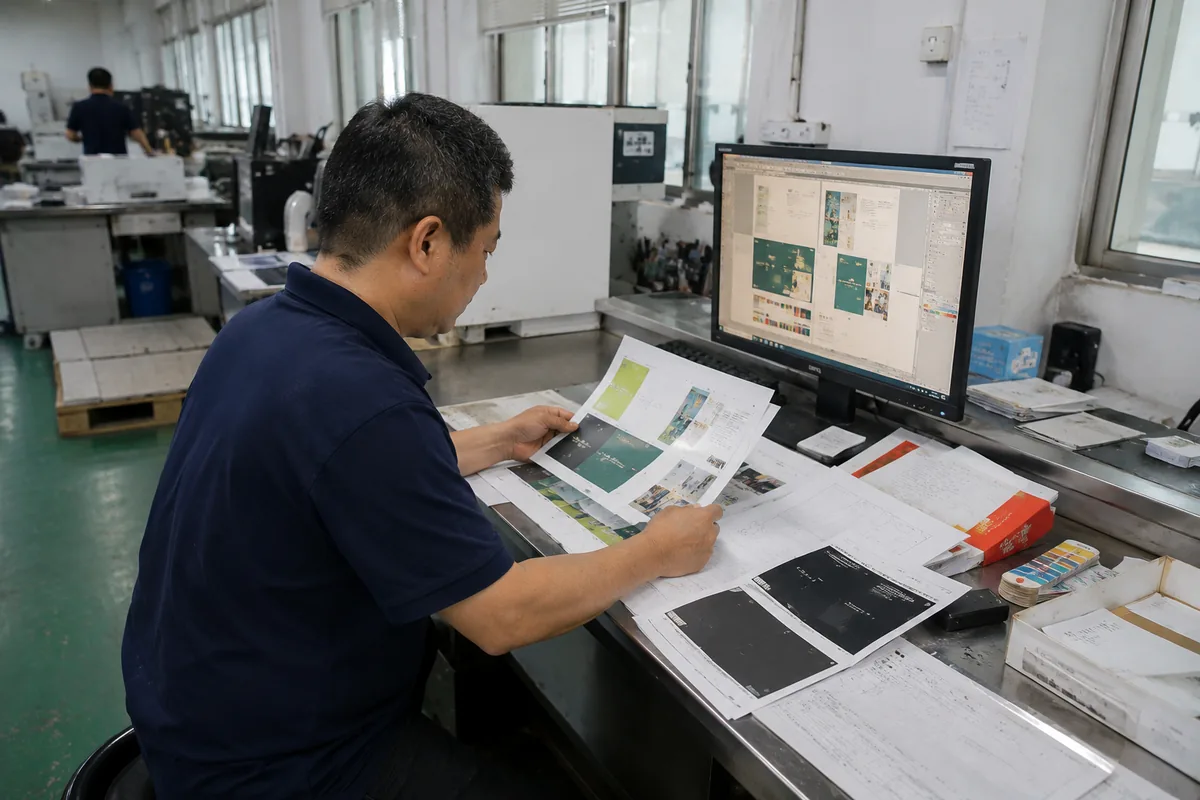 Prepress preparation desk checking artwork files, bleed, masks, dielines and references