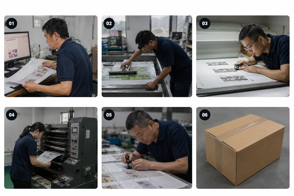 Six-step ZIVFY custom printing workflow from project review to shipment protection