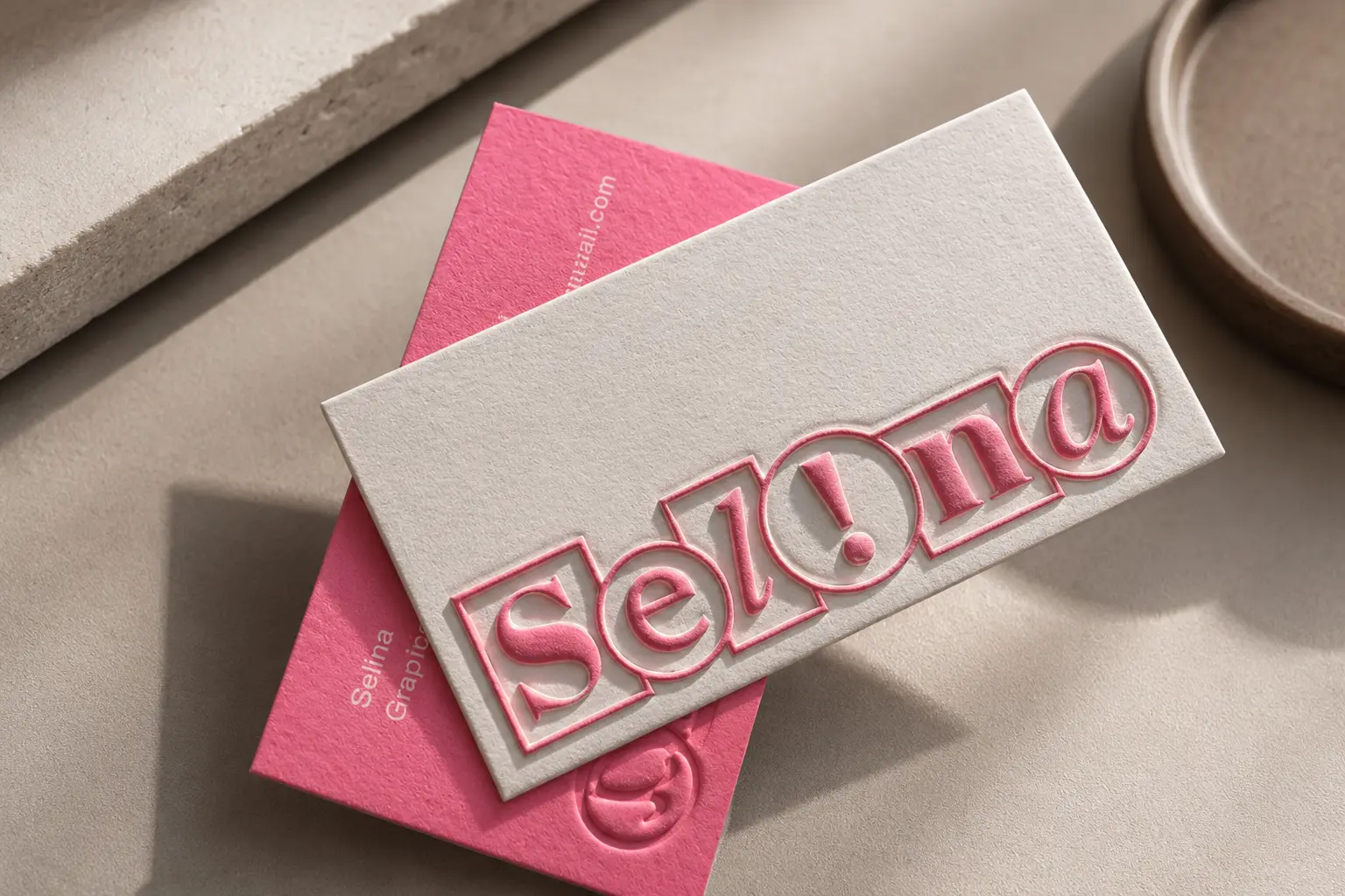 Business card with raised sculpted emboss letterform detail on textured paper