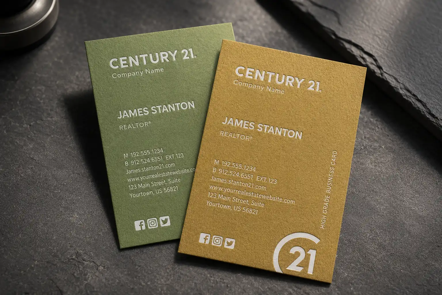 Green and gold business card set with platinum or white-gold foil-style brand details.