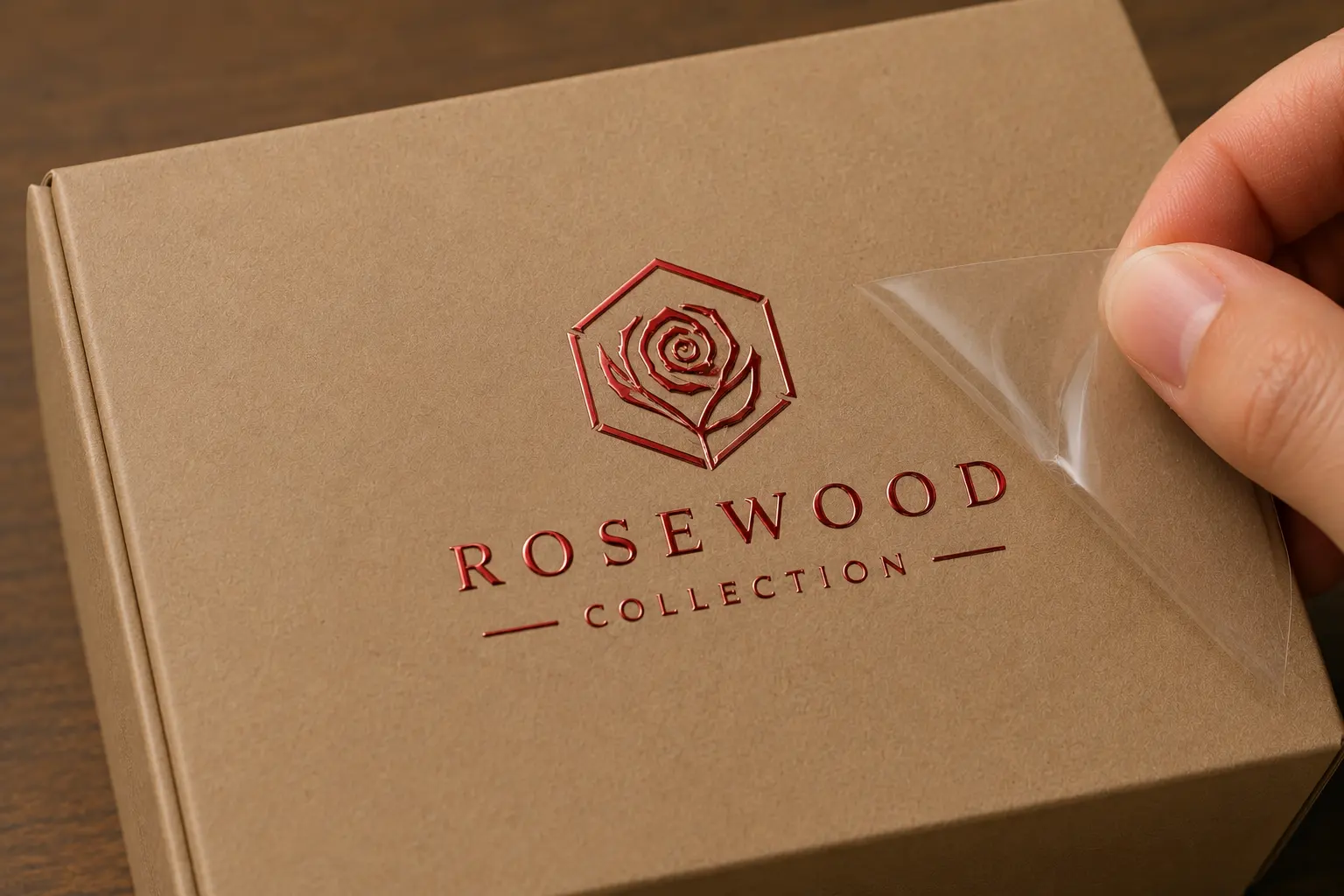Red metal transfer decal applied to a kraft paper packaging box