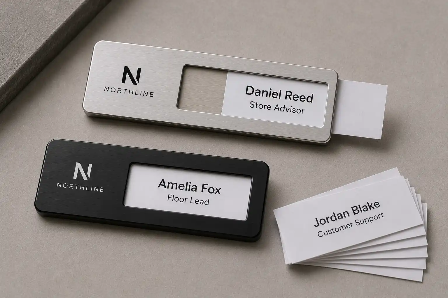 Reusable insert name badges with replaceable printed staff name strips.