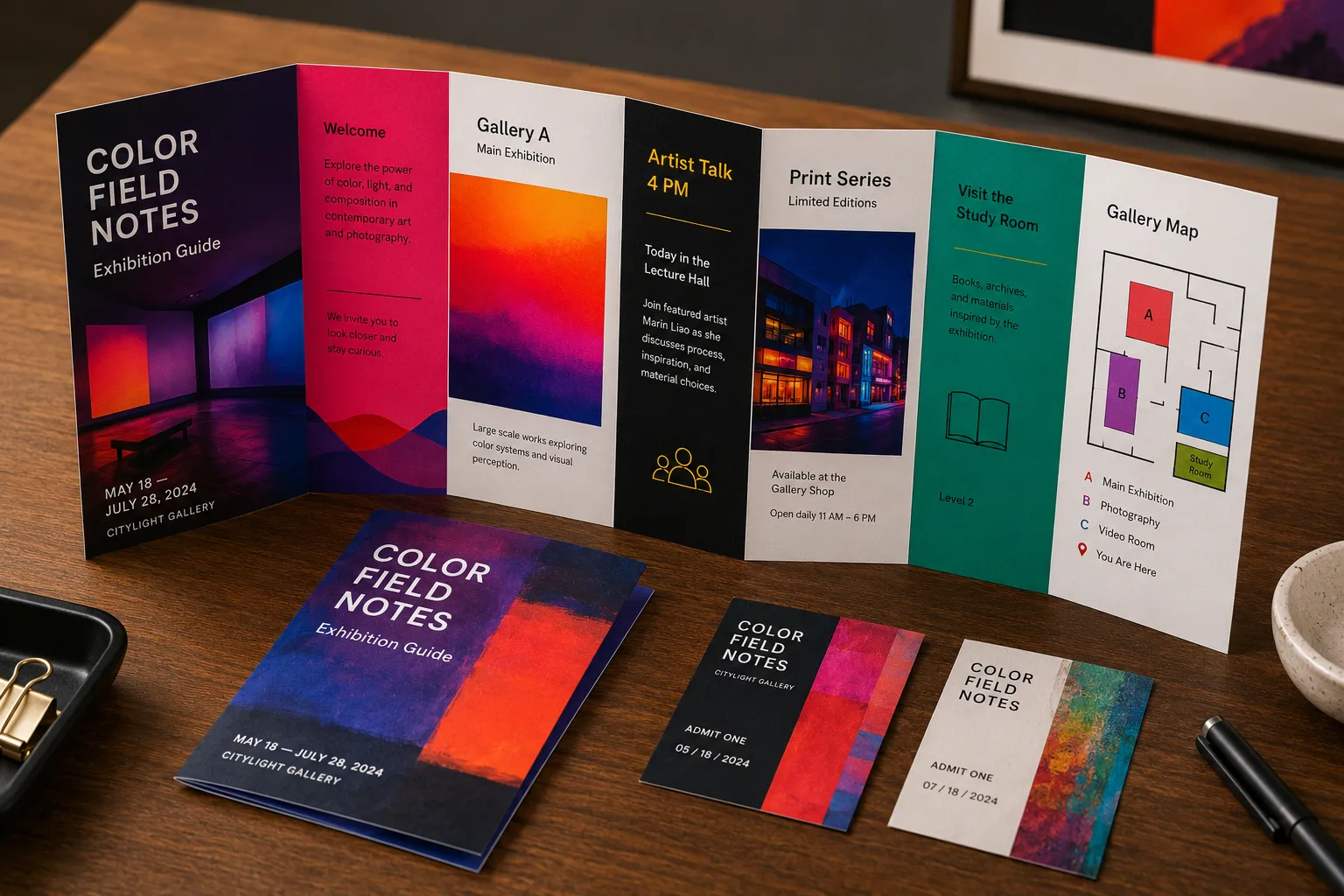 Printed accordion-fold art exhibition guide with vivid abstract artwork, photography panels, gallery information, connected fold panels, paper edge shadows, and saturated color blocks.