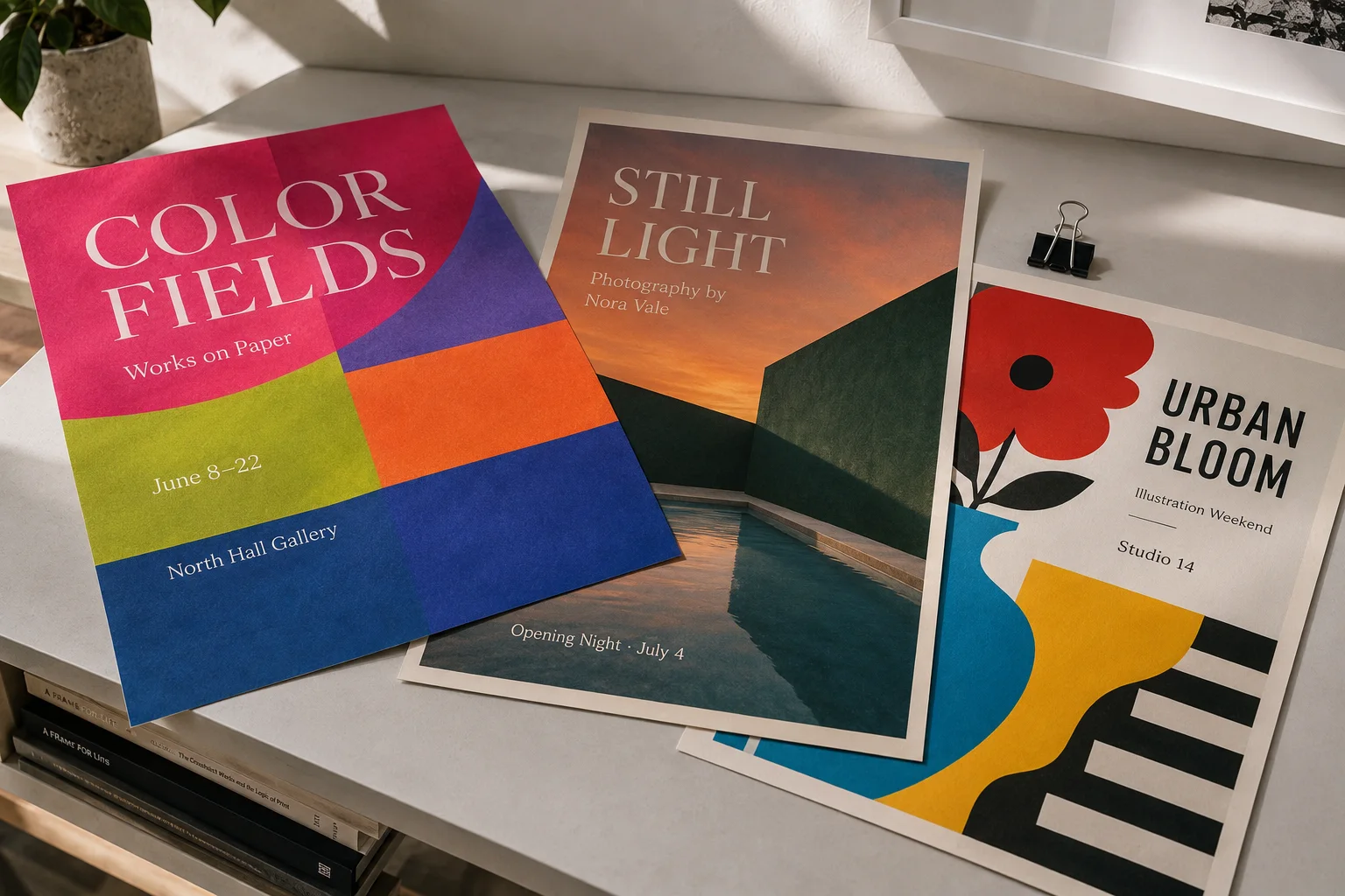 Printed art exhibition and photography poster proofs with varied color directions, real paper edges, and gallery review desk lighting.