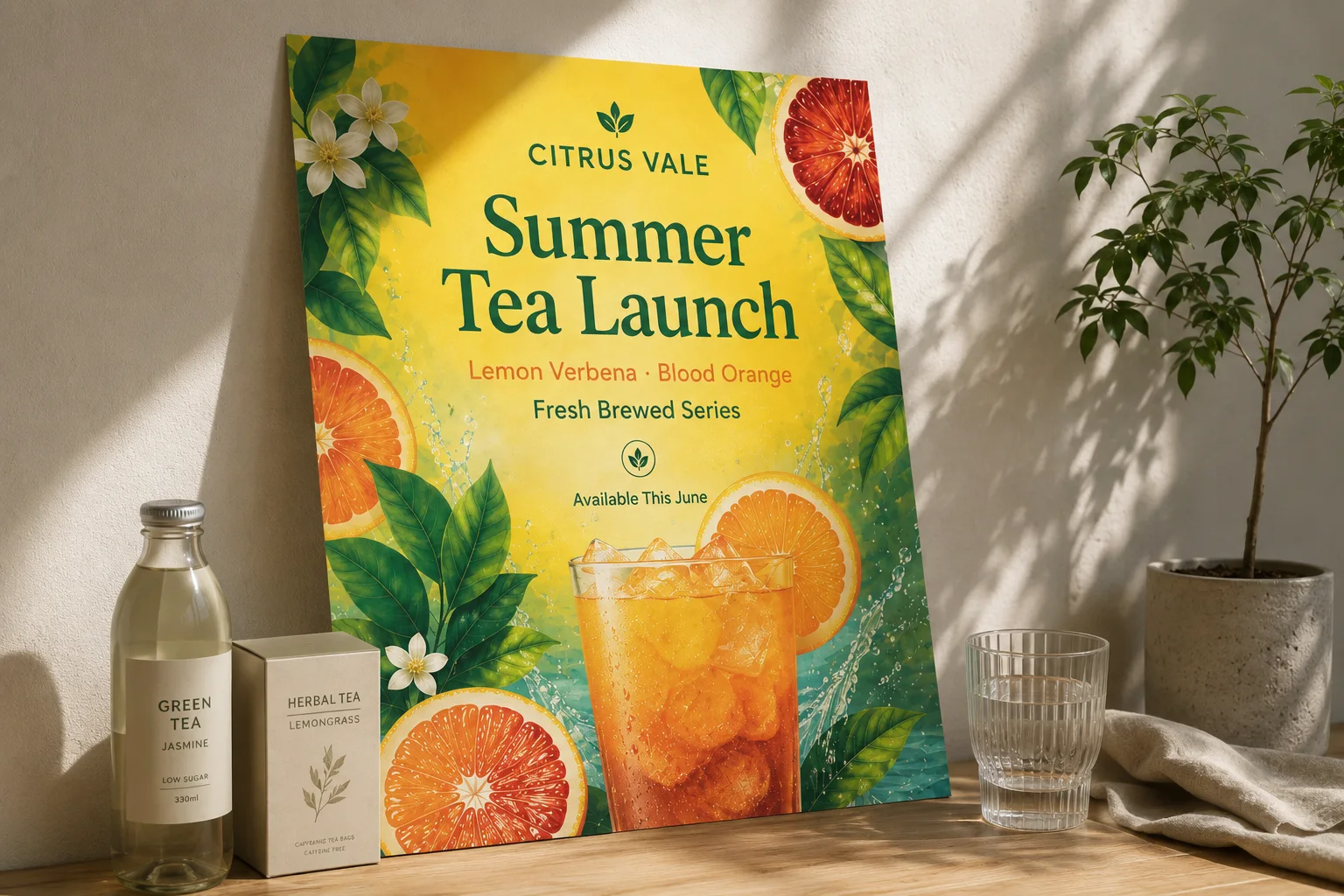 Colorful beverage launch poster print with vivid yellow, orange, green, turquoise, and botanical artwork on real physical paper.