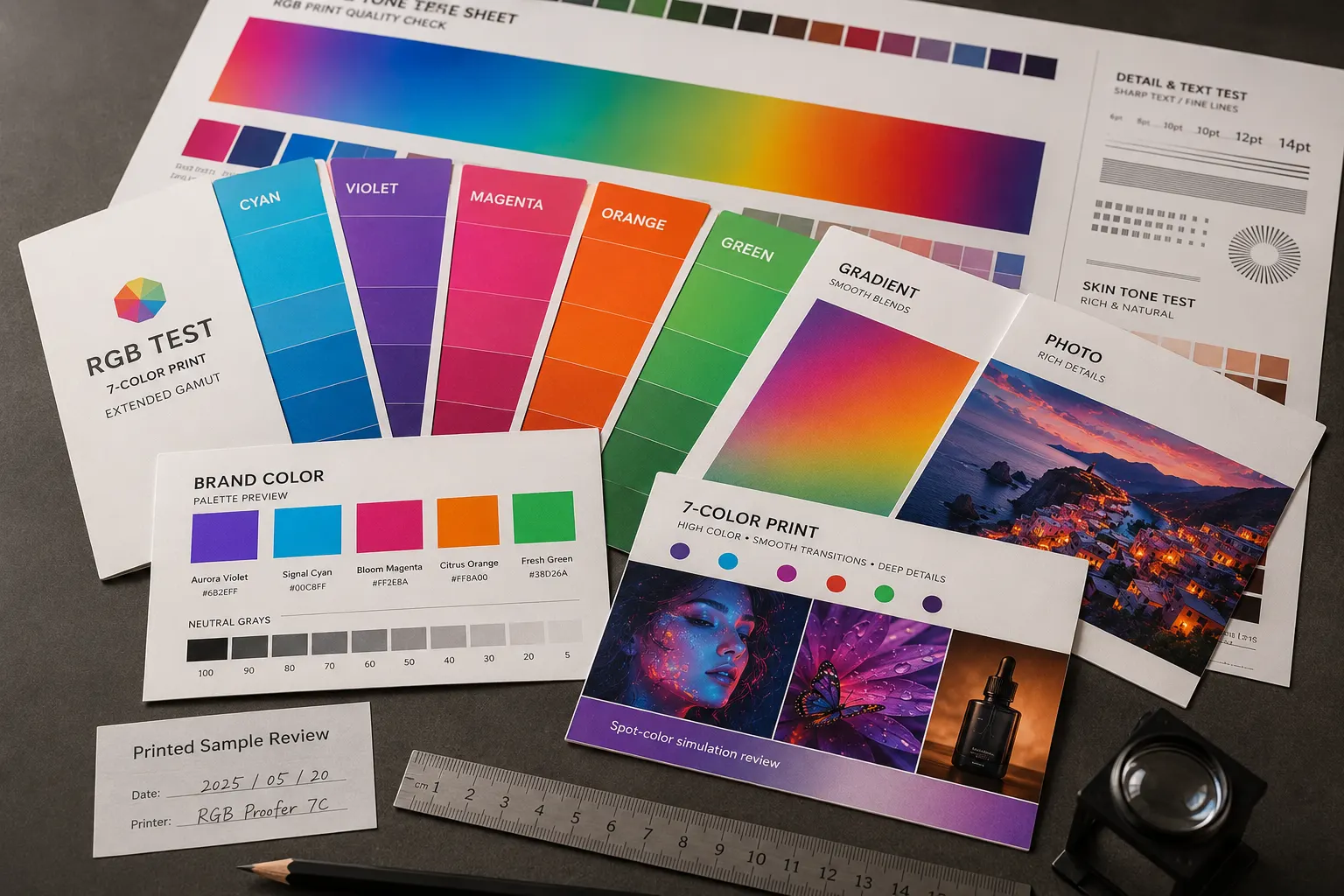 Printed color samples with gradients, photographs, and color blocks.