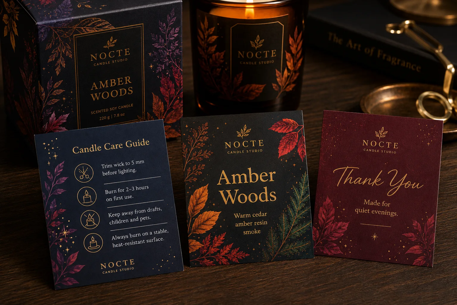 Premium printed candle care instruction cards with deep navy, amber, burgundy, cream, and gold color direction beside candle packaging.