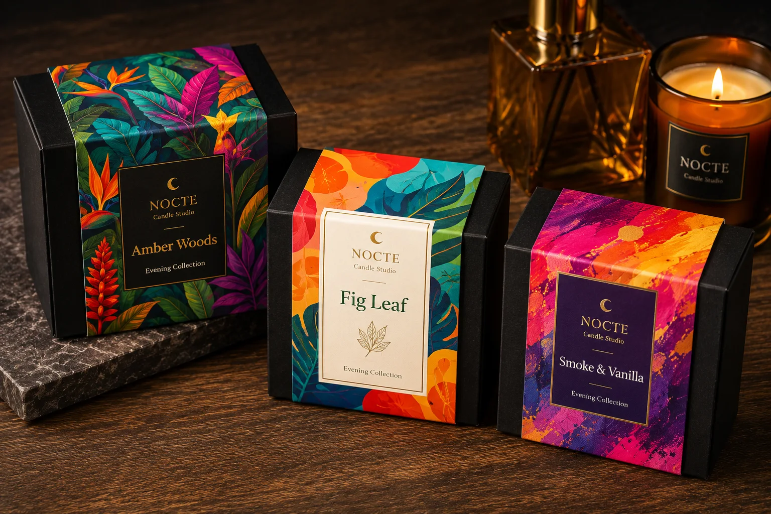 Premium printed paper sleeves around candle and fragrance boxes with deep navy, amber, burgundy, cream, and gold color direction.