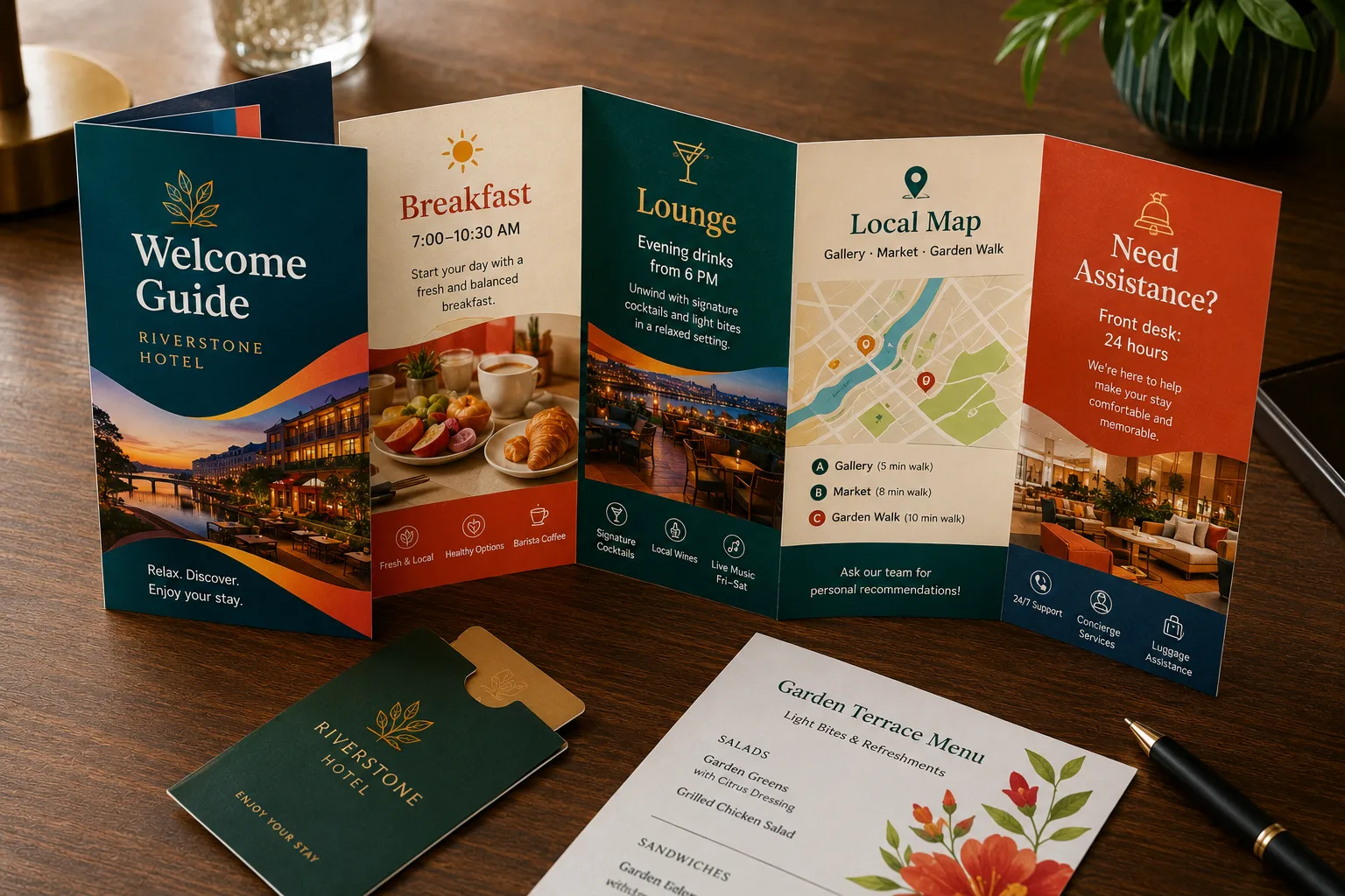 Custom printed coffee brewing Z-fold guide leaflet with coffee packaging, showing step-by-step brewing panels, flavor notes, QR-style guide area, zig-zag folds, and rich printed colors.