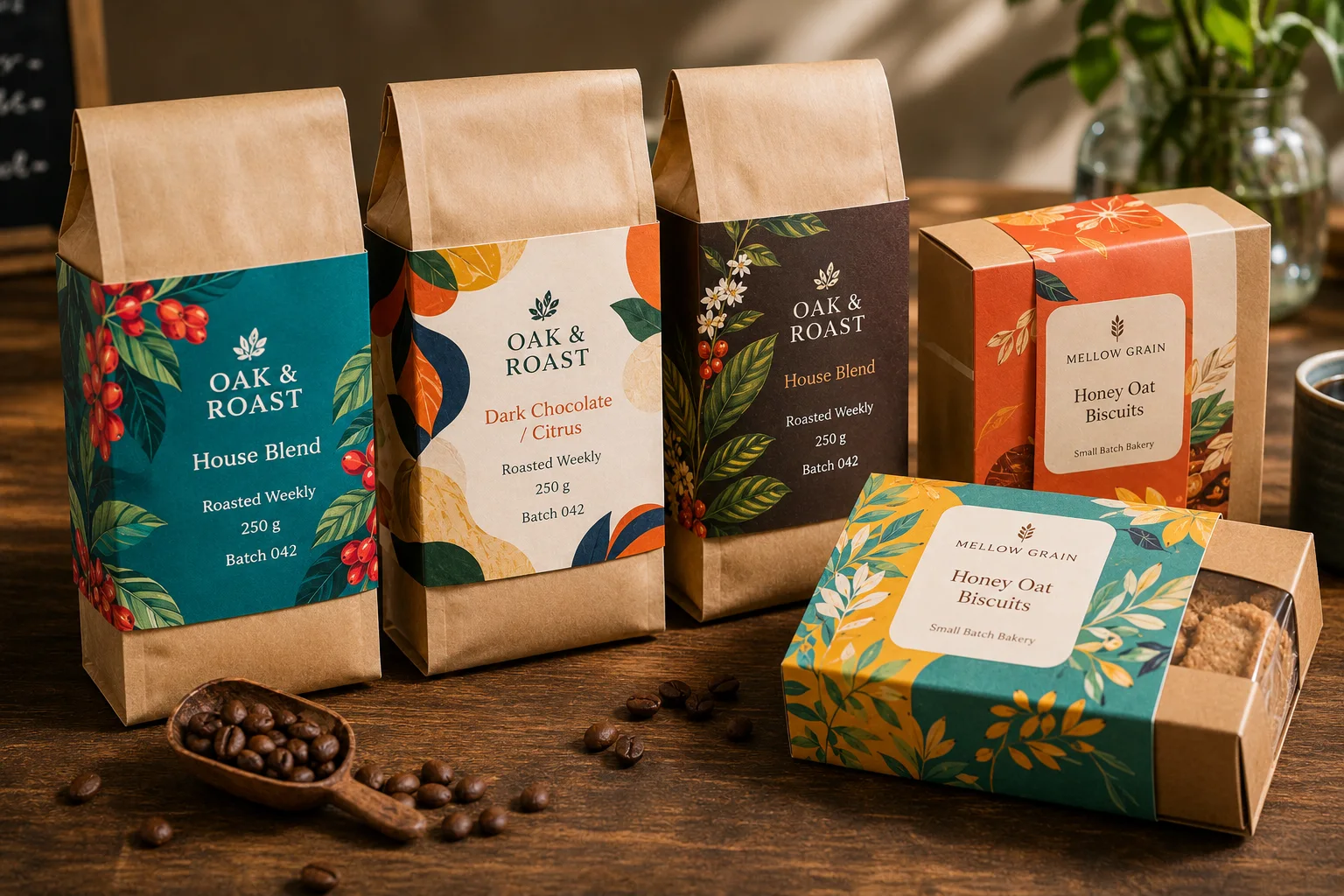 Printed paper bands wrapped around coffee pouches and snack packaging, showing real paper band overlap, curved structure, and vivid café-style colors.
