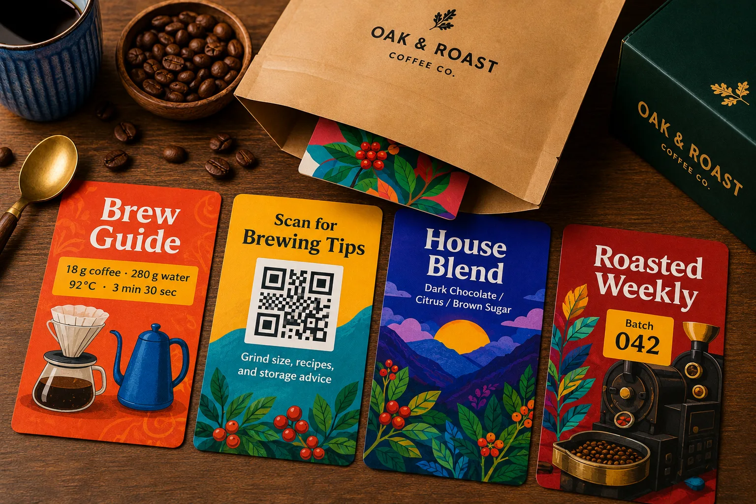 Custom printed coffee QR guide cards, brew guide cards, flavor note cards, and batch cards arranged with coffee packaging and café-style props.