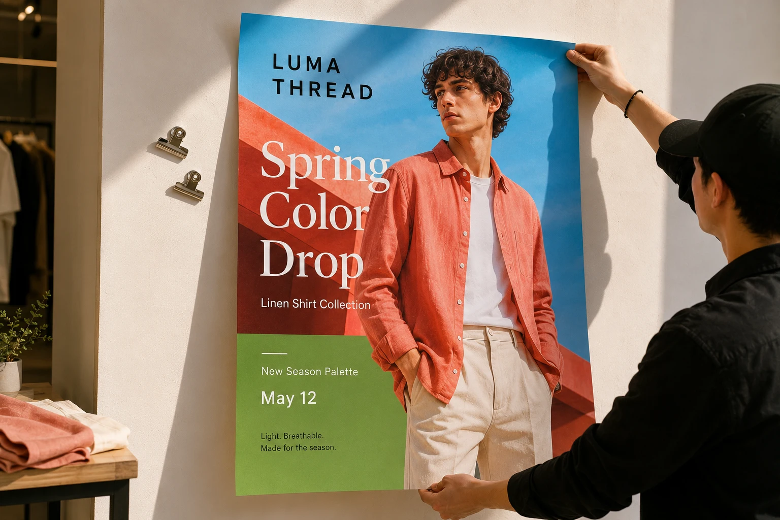 Large printed fashion brand poster for a retail wall display with vivid coral, sky blue, cream, and green color direction on real paper.