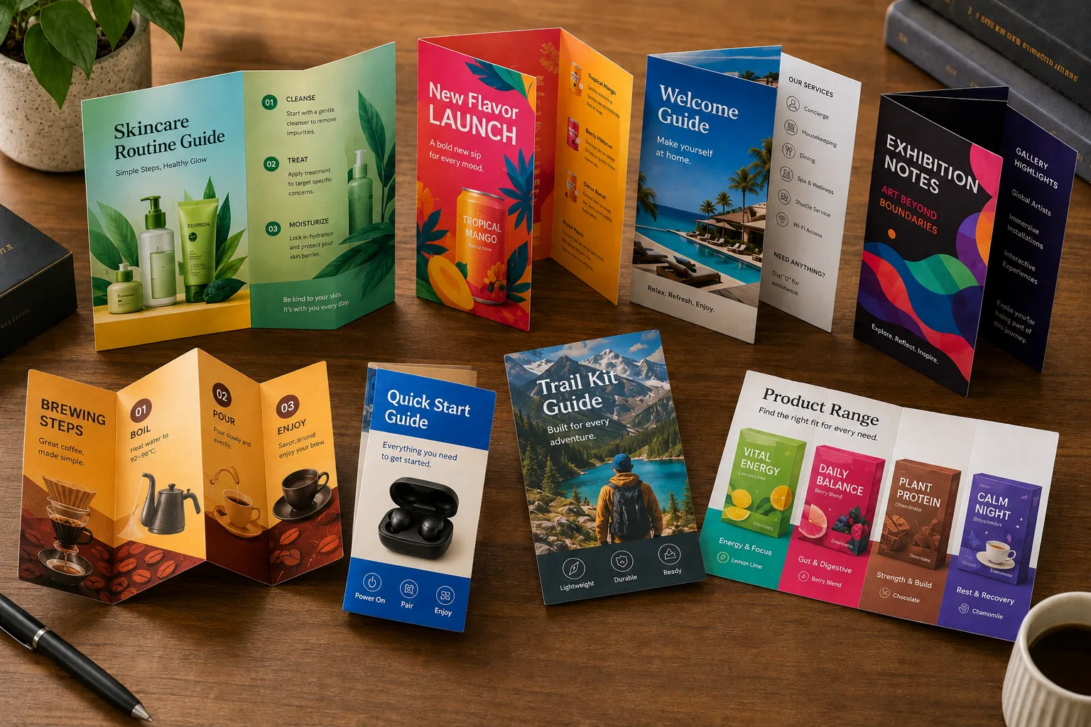 Folded leaflet sample book with tri-fold, bi-fold, Z-fold, coated paper, white card, fold crease samples, and vivid color reference swatches for material and color review.