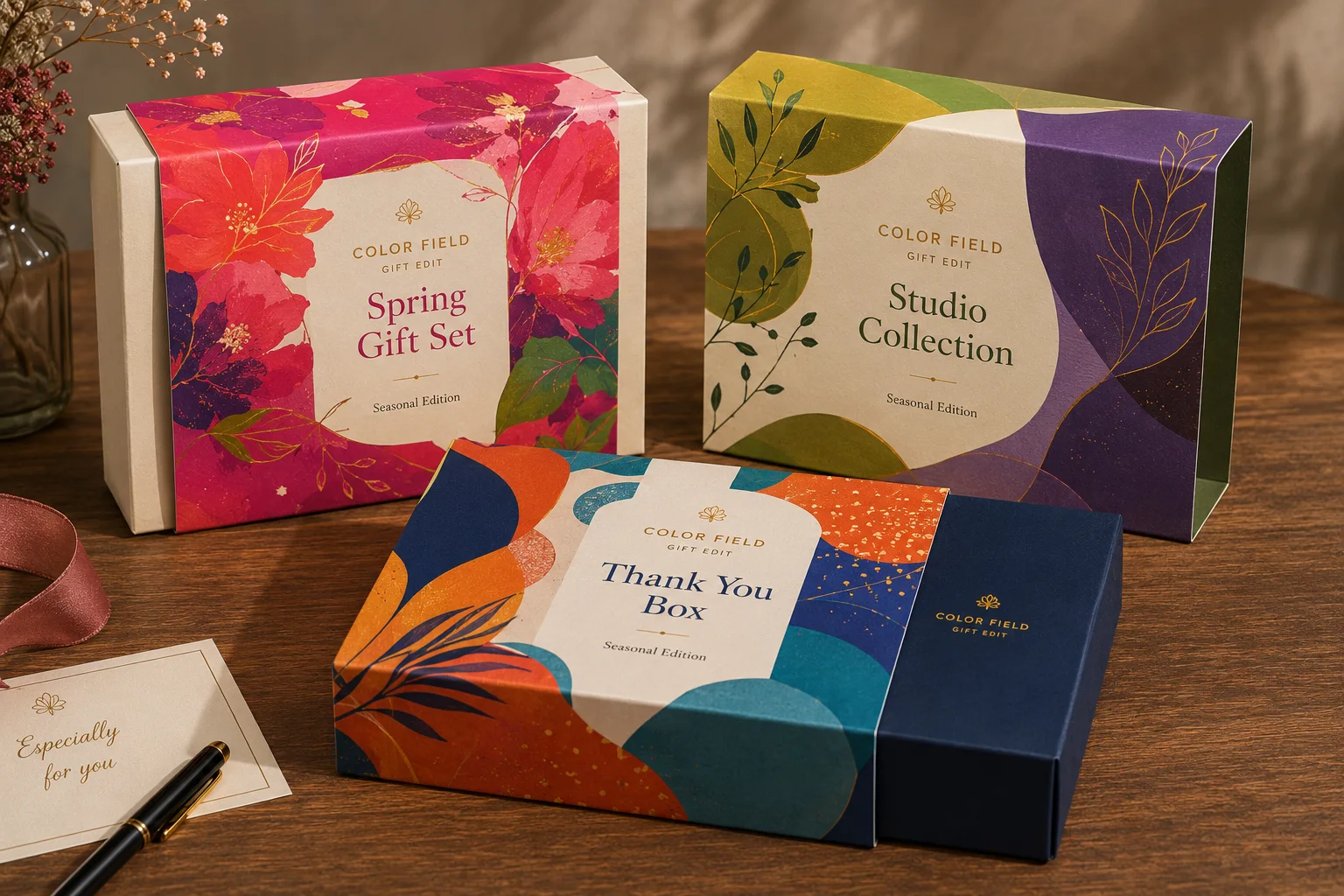 Premium gift boxes with removable printed paper sleeves, showing sleeve side openings, clean cut edges, folded structure, and colorful gift packaging artwork.
