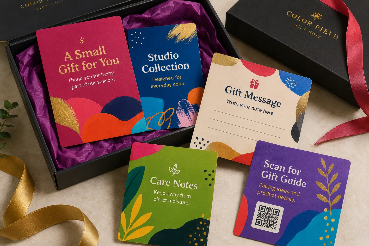 Printed gift thank-you cards, brand story cards, care notes, gift message cards, and QR gift guide cards arranged inside a premium gift box setup.