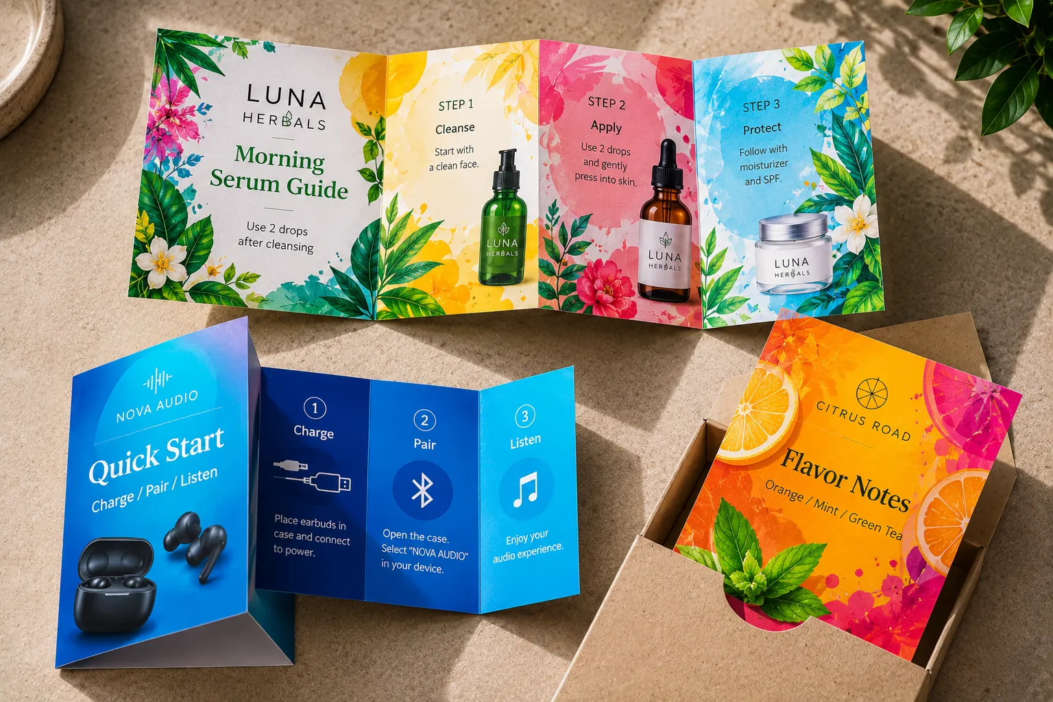Colorful folded product guides with printed information panels.