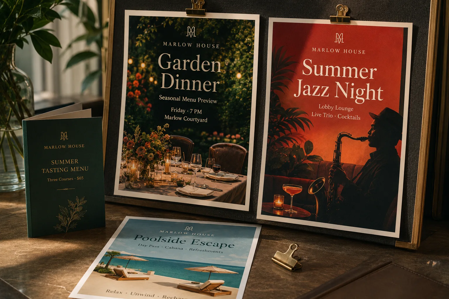 Printed hotel event posters for dinner and jazz night display with warm terracotta, green, cream, gold, and coral color direction.