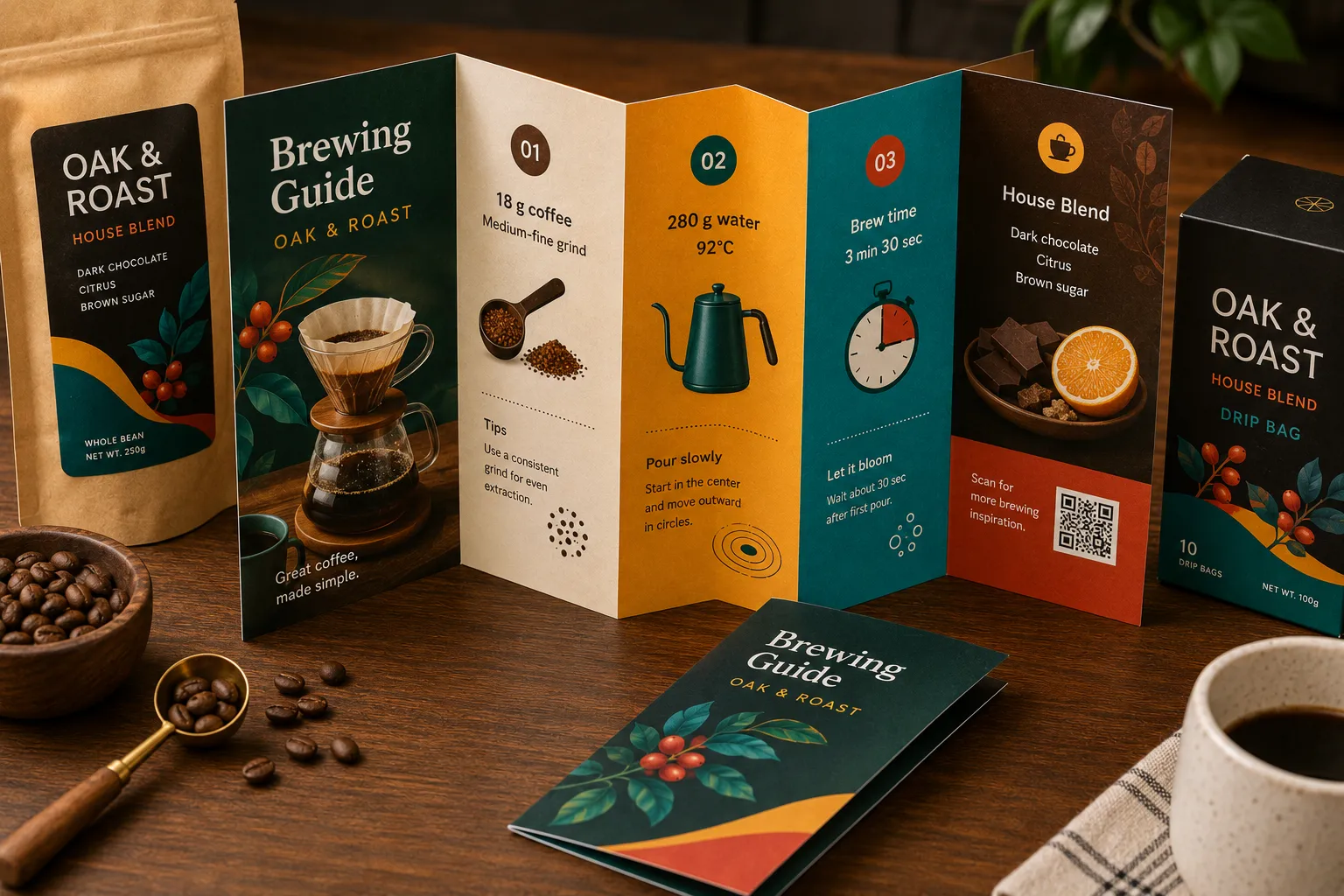 Premium printed hotel welcome guide Z-fold leaflet on a reception desk, showing multiple folded panels, schedule blocks, map-style graphics, warm vivid colors, and real paper structure.