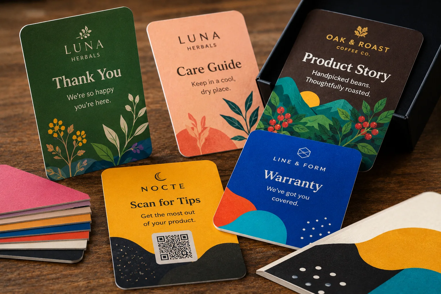 Close-up of printed product insert card structure showing paper thickness, straight cut edges, rounded corners, stacked cards, and vivid printed artwork.
