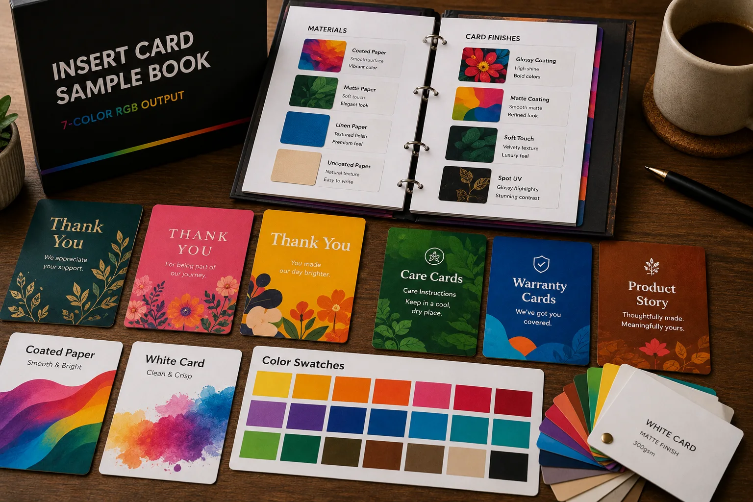 Product insert card sample book with thank-you card samples, care cards, warranty cards, coated paper, white card, and vivid color reference swatches.